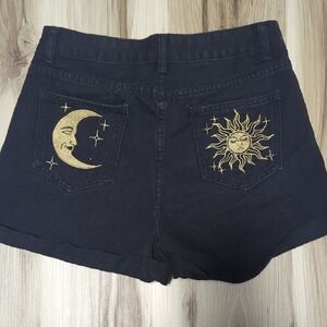 Black Women's Shorts with Gold Sun and Moon Embroidery